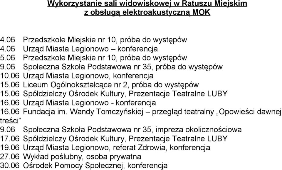 06 Liceum Ogólnokształcące nr 2, próba do występów 15.06 Spółdzielczy Ośrodek Kultury, Prezentacje Teatralne LUBY 16.06 Urząd Miasta Legionowo - konferencja 16.06 Fundacja im.