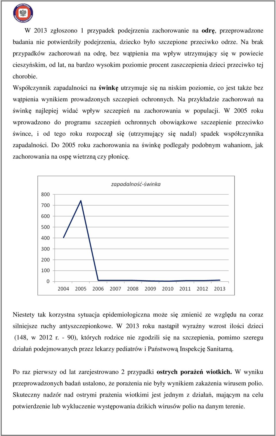 Współczynnik zapadalności na świnkę utrzymuje się na niskim poziomie, co jest takŝe bez wątpienia wynikiem prowadzonych szczepień ochronnych.