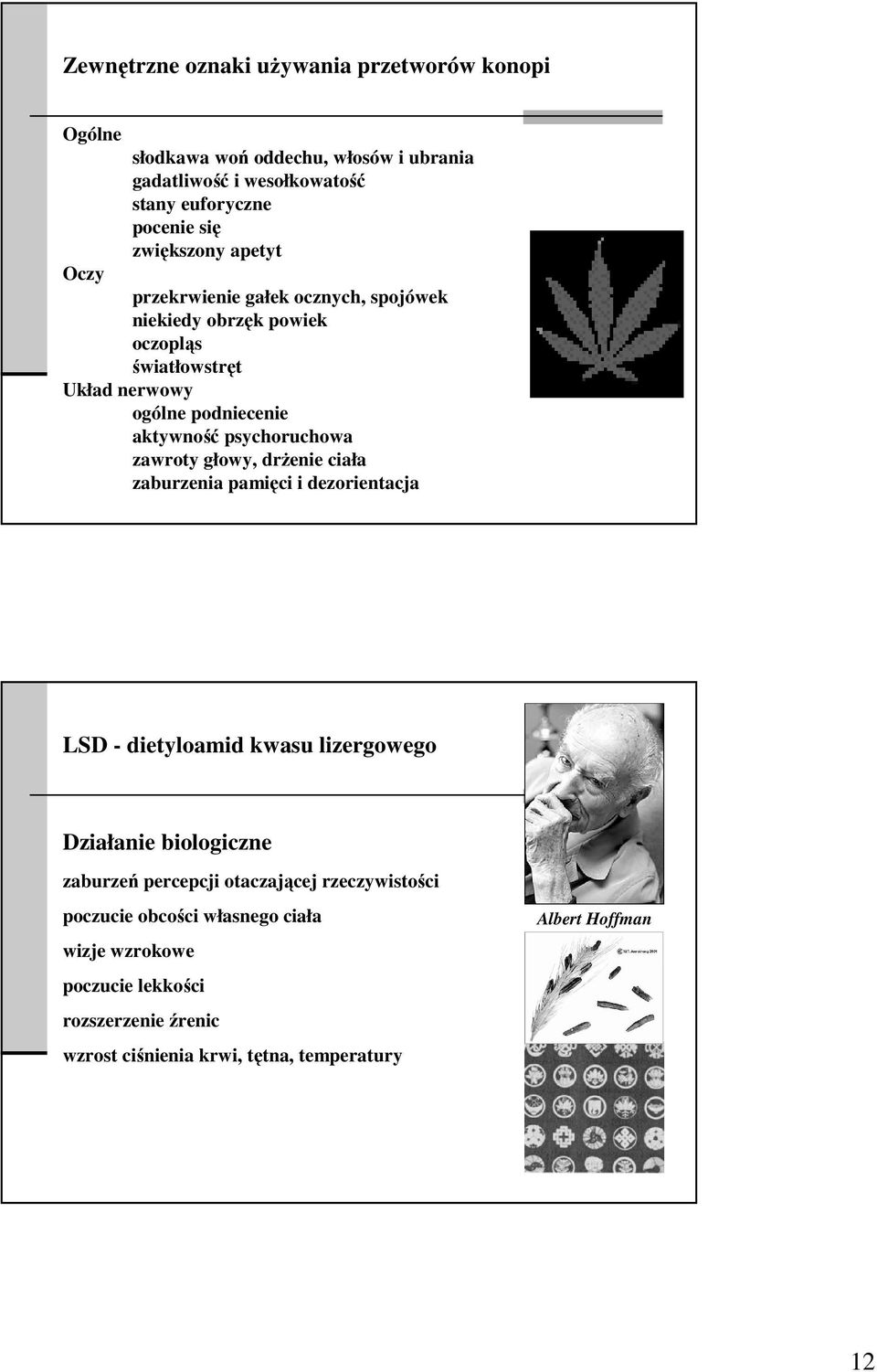 psychoruchowa zawroty głowy, drŝenie ciała zaburzenia pamięci i dezorientacja LSD - dietyloamid kwasu lizergowego Działanie biologiczne zaburzeń percepcji