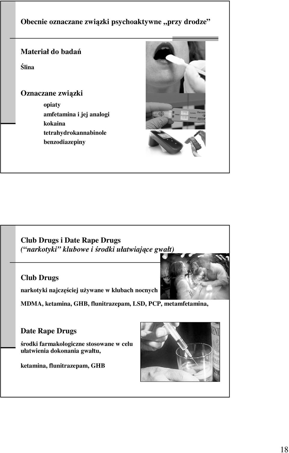 ułatwiające gwałt) Club Drugs narkotyki najczęściej uŝywane w klubach nocnych MDMA, ketamina, GHB, flunitrazepam, LSD,