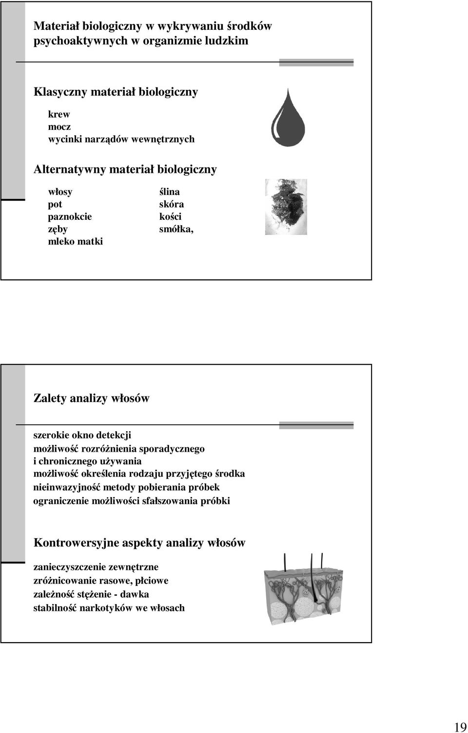 rozróŝnienia sporadycznego i chronicznego uŝywania moŝliwość określenia rodzaju przyjętego środka nieinwazyjność metody pobierania próbek ograniczenie