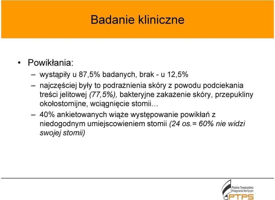 zakażenie skóry, przepukliny okołostomijne, wciągnięcie stomii 40% ankietowanych wiąże