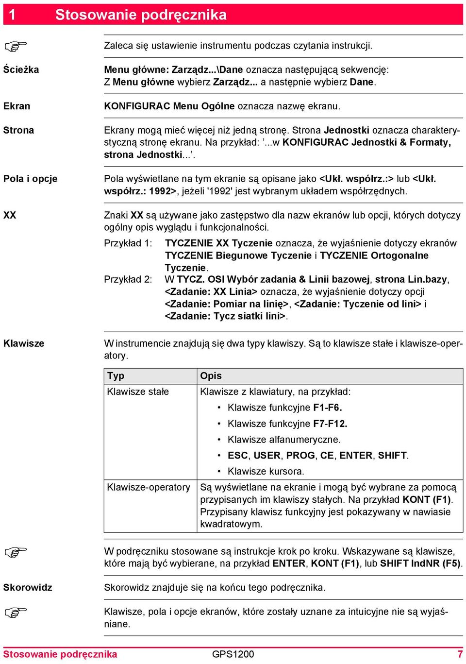 Strona Jednostki oznacza charakterystyczną stronę ekranu. Na przykład:...w KONFIGURAC Jednostki & Formaty, strona Jednostki.... Pola wyświetlane na tym ekranie są opisane jako <Ukł. współrz.