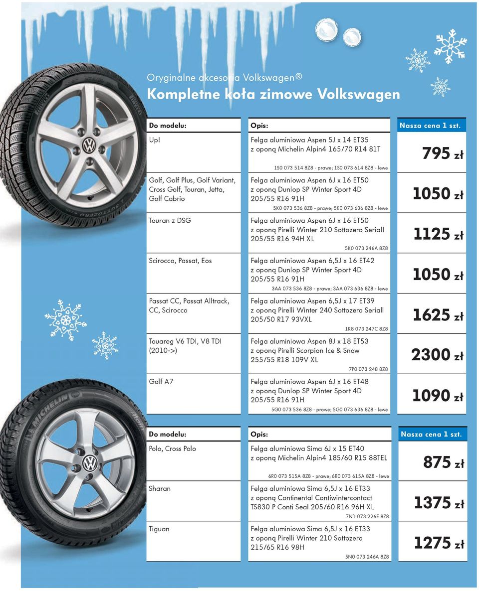 aluminiowa Aspen 5J x 14 ET35 z oponą Michelin Alpin4 165/70 R14 81T 1S0 073 514 8Z8 - prawe; 1S0 073 614 8Z8 - lewe Felga aluminiowa Aspen 6J x 16 ET50 z oponą Dunlop SP Winter Sport 4D 205/55 R16