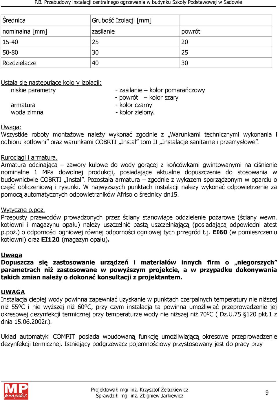 Uwaga: Wszystkie roboty montaŝowe naleŝy wykonać zgodnie z Warunkami technicznymi wykonania i odbioru kotłowni oraz warunkami COBRTI Instal tom II Instalacje sanitarne i przemysłowe.