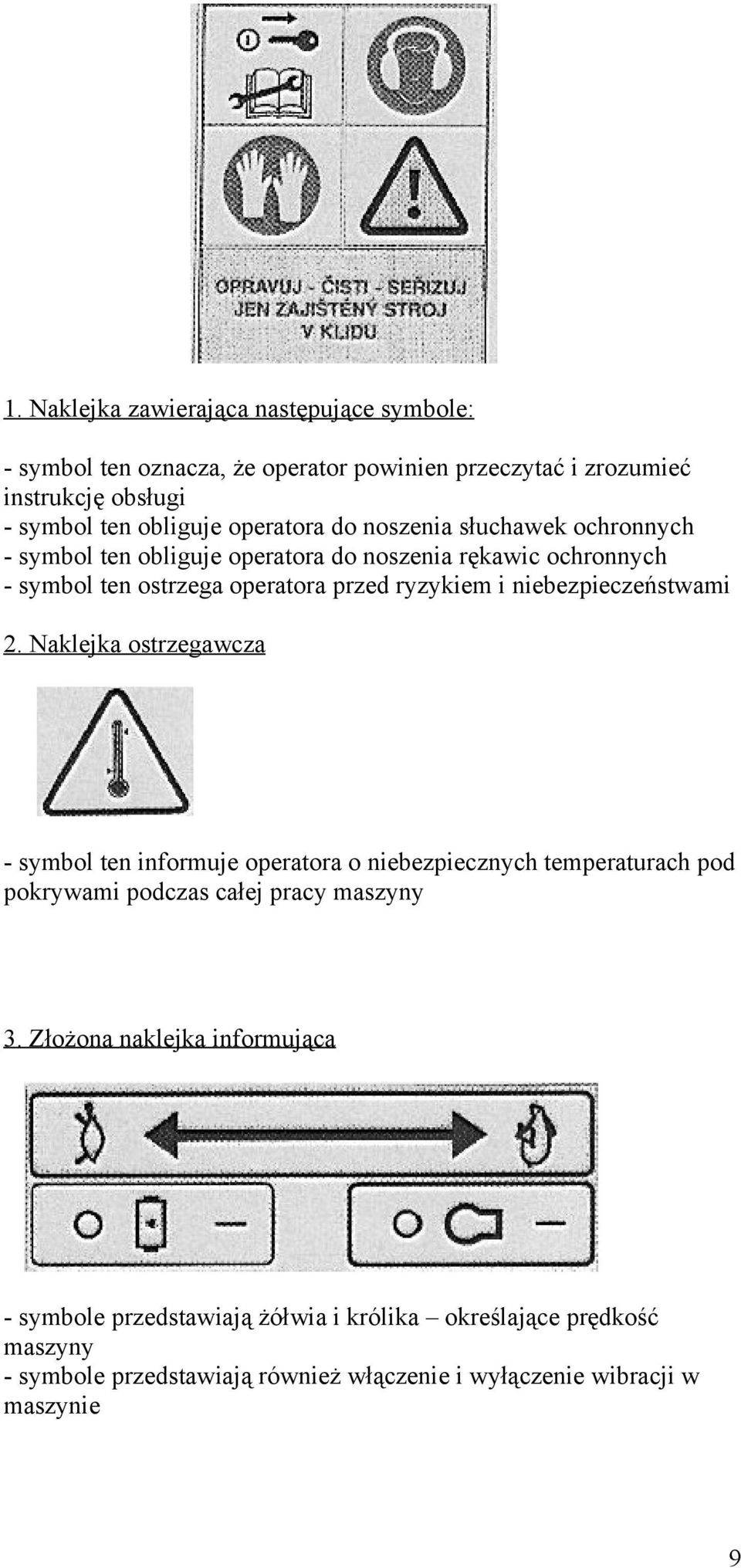 niebezpieczeństwami 2. Naklejka ostrzegawcza - symbol ten informuje operatora o niebezpiecznych temperaturach pod pokrywami podczas całej pracy maszyny 3.