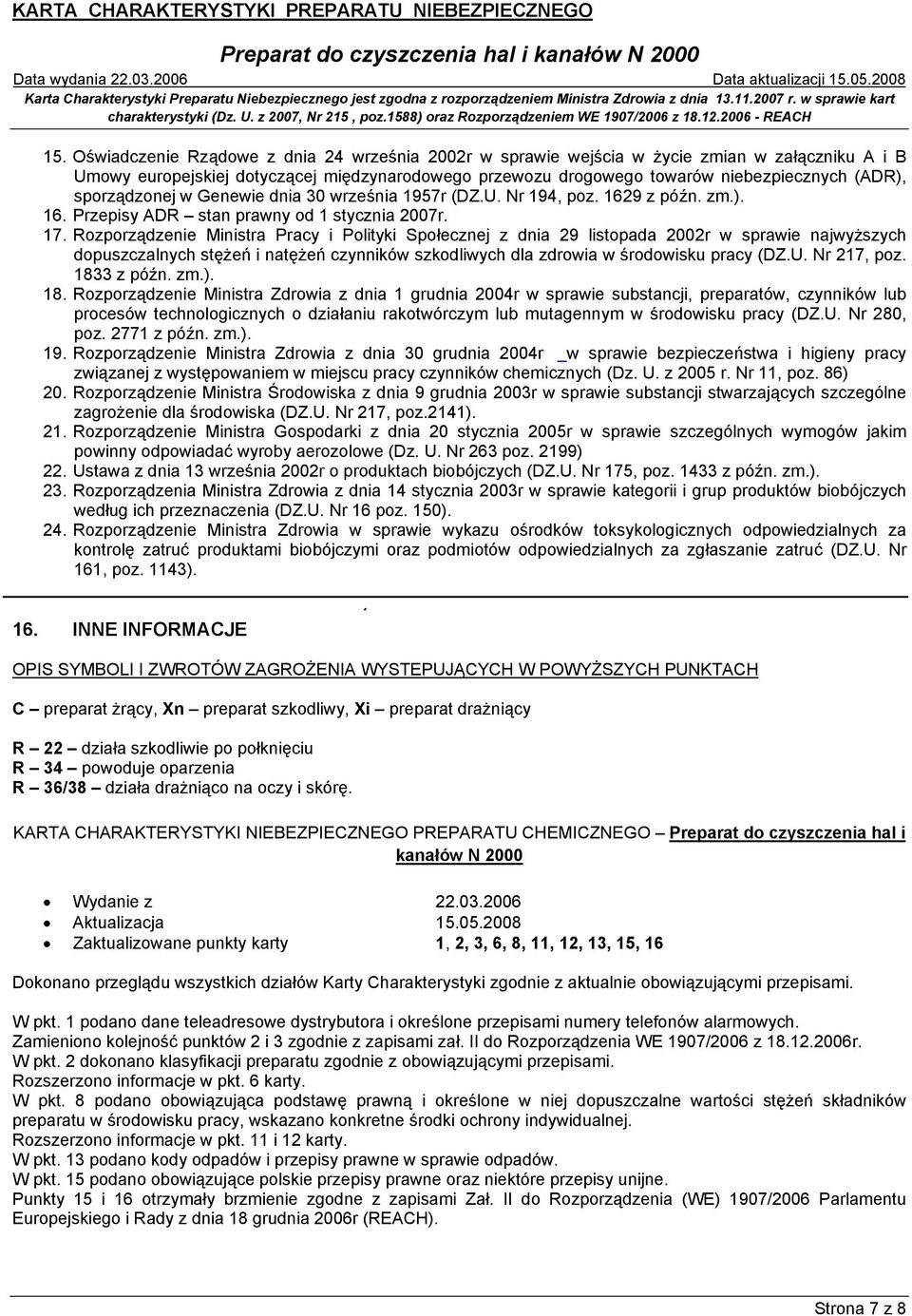 Rozporządzenie Ministra Pracy i Polityki Społecznej z dnia 29 listopada 2002r w sprawie najwyższych dopuszczalnych stężeń i natężeń czynników szkodliwych dla zdrowia w środowisku pracy (DZ.U.