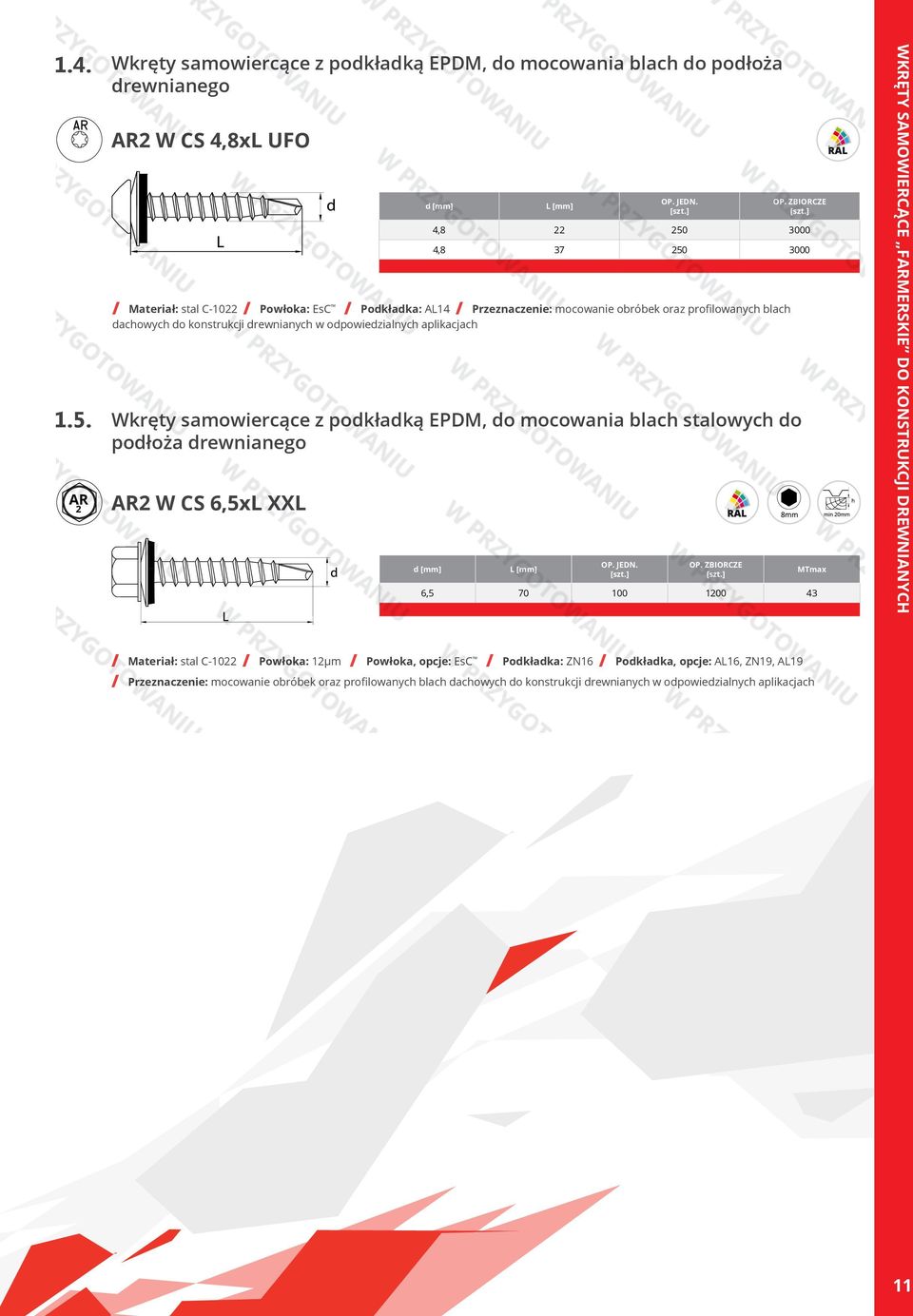 obróbek oraz profilowanych blach dachowych do konstrukcji drewnianych w odpowiedzialnych aplikacjach Wkręty samowiercące z podkładką EPDM, do mocowania blach stalowych do podłoża