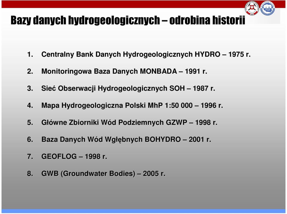 Sieć Obserwacji Hydrogeologicznych SOH 1987 r. 4. Mapa Hydrogeologiczna Polski MhP 1:50 000 1996 r. 5.
