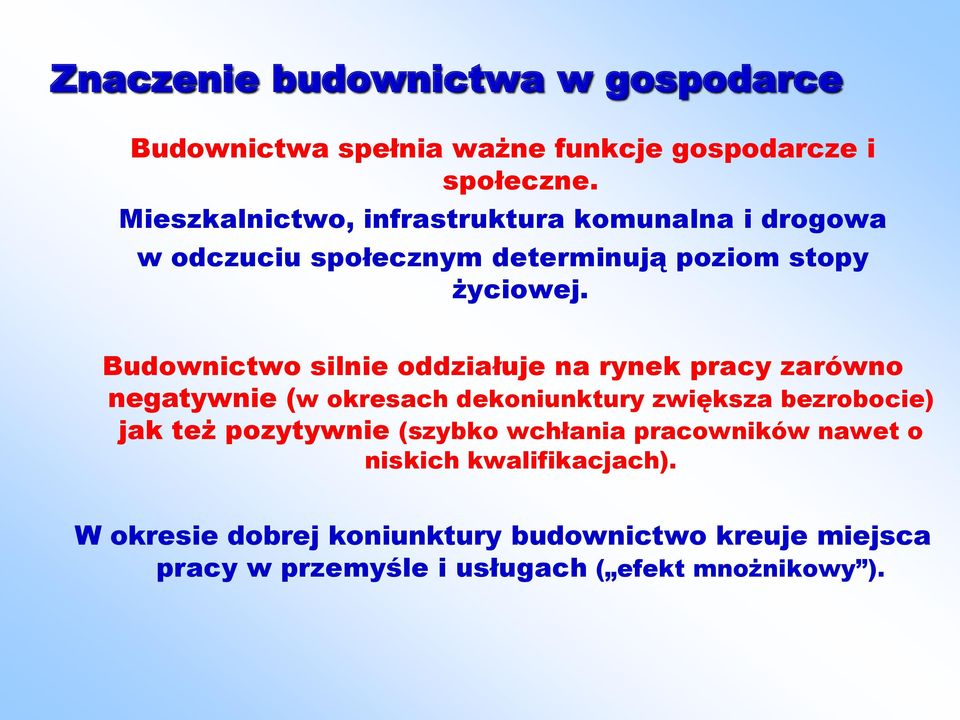 Budownictwo silnie oddziałuje na rynek pracy zarówno negatywnie (w okresach dekoniunktury zwiększa bezrobocie) jak też