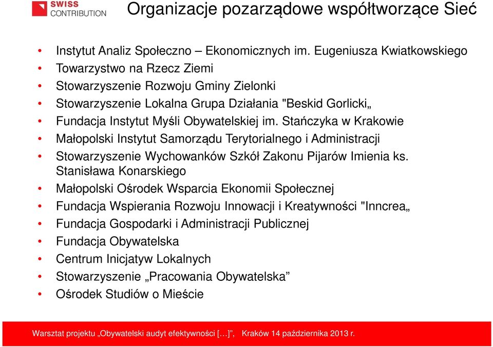 Obywatelskiej im. Stańczyka w Krakowie Małopolski Instytut Samorządu Terytorialnego i Administracji Stowarzyszenie Wychowanków Szkół Zakonu Pijarów Imienia ks.