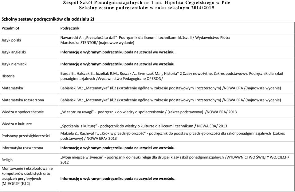 dla szkół ponadgimnazjalnych /Wydawnictwo Pedagogiczne OPERON/ Babiański W.: Kl.