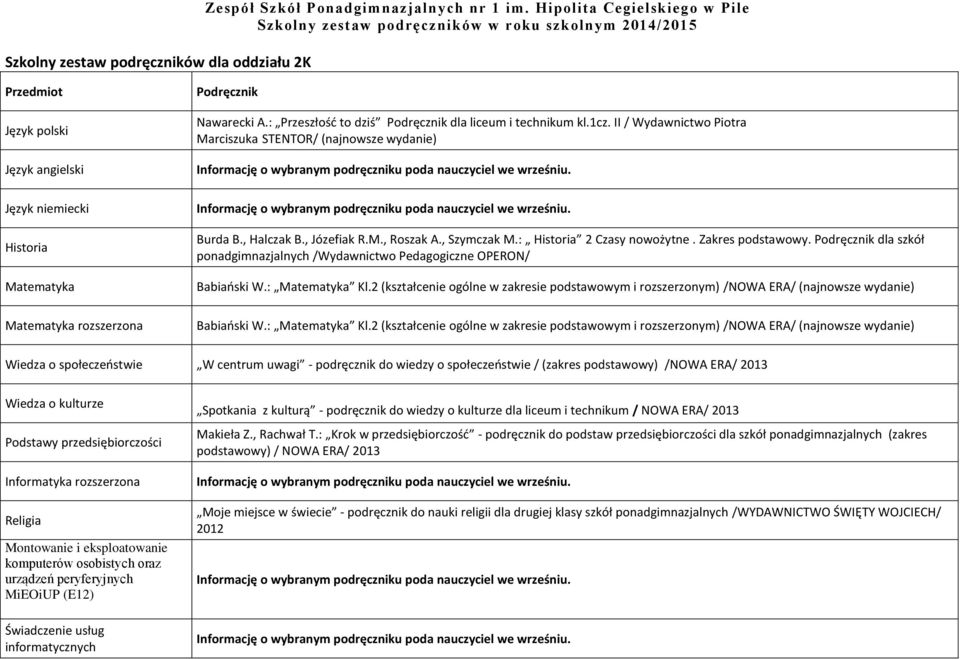 dla szkół ponadgimnazjalnych /Wydawnictwo Pedagogiczne OPERON/ Babiański W.: Kl.