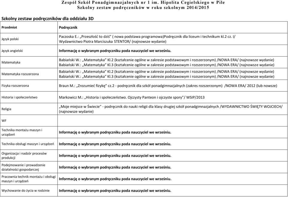 : Kl.2 (kształcenie ogólne w zakresie podstawowym i rozszerzonym) /NOWA ERA/ (najnowsze wydanie) Babiański W.: Kl.3 (kształcenie ogólne w zakresie podstawowym i rozszerzonym) /NOWA ERA/ (najnowsze wydanie) Braun M.