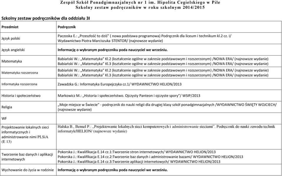 : Kl.2 (kształcenie ogólne w zakresie podstawowym i rozszerzonym) /NOWA ERA/ (najnowsze wydanie) Babiański W.: Kl.3 (kształcenie ogólne w zakresie podstawowym i rozszerzonym) /NOWA ERA/ (najnowsze wydanie) Zawadzka G.