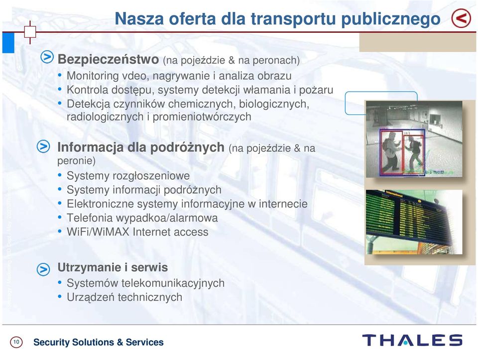 Thales 2007 Informacja dla podróŝnych (na pojeździe & na peronie) Systemy rozgłoszeniowe Systemy informacji podróŝnych Elektroniczne systemy informacyjne w