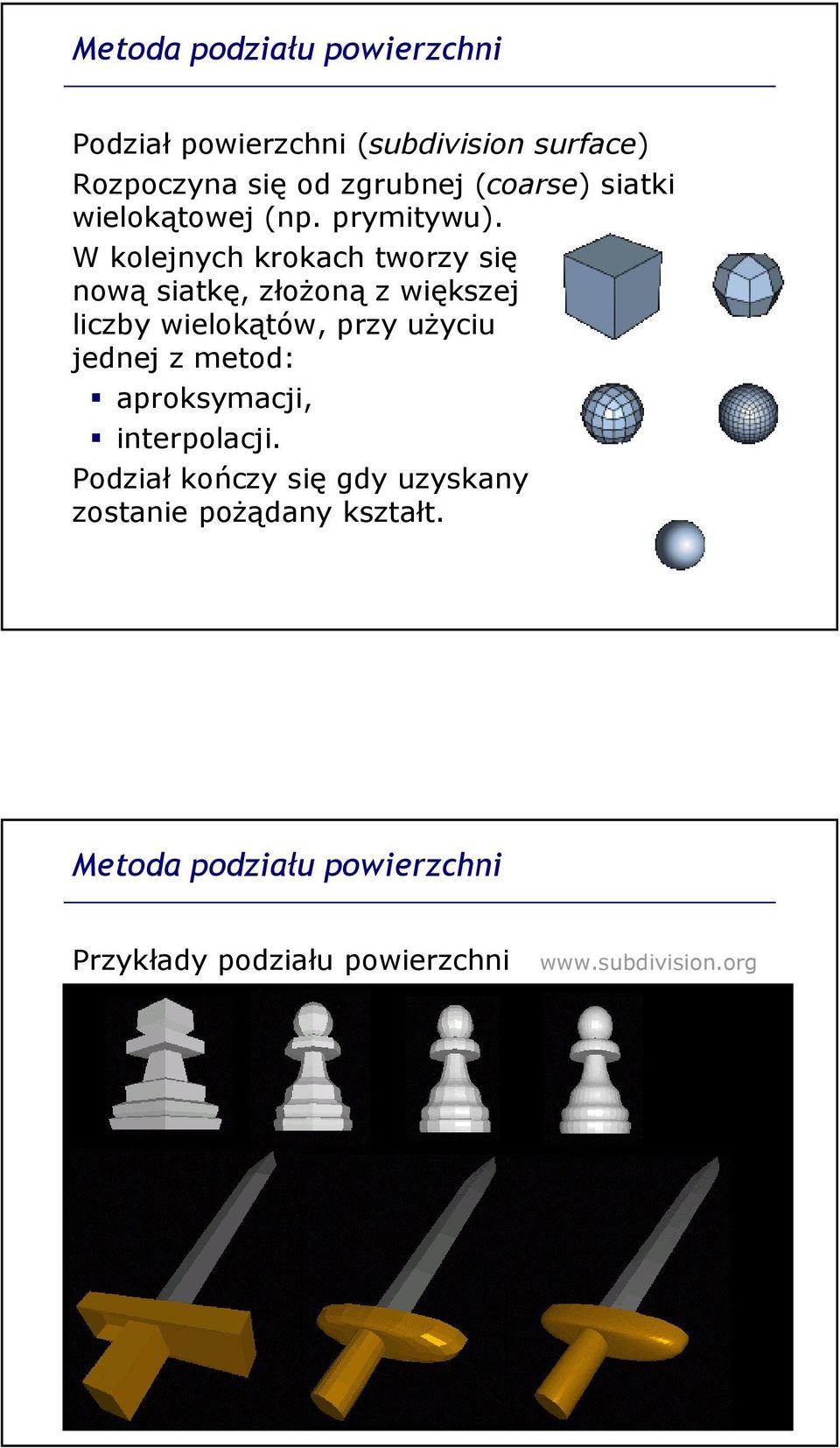 W kolejnych krokach tworzy się nową siatkę, złożoną z większej liczby wielokątów, przy użyciu jednej z