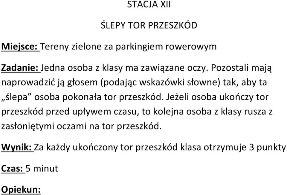 Pozostali mają naprowadzić ją głosem (podając wskazówki słowne) tak, aby ta ślepa osoba pokonała tor