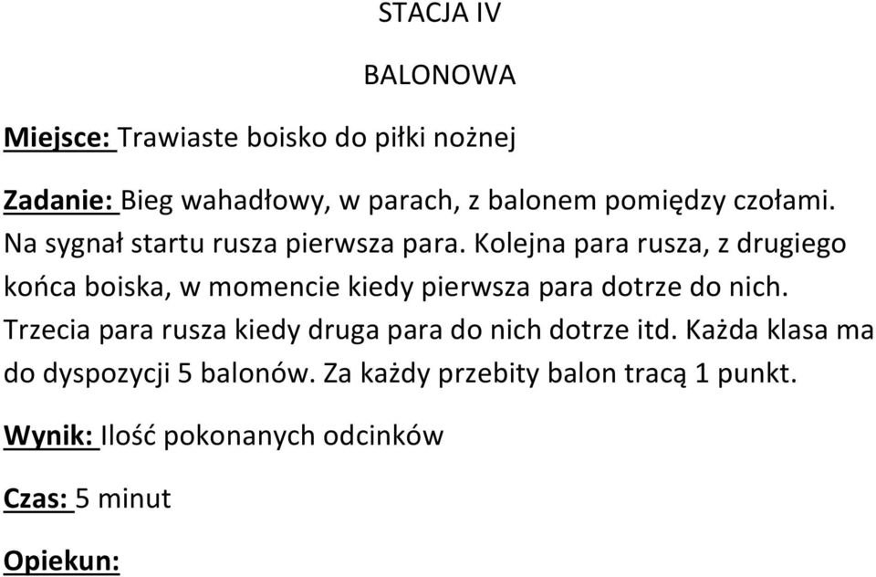 Kolejna para rusza, z drugiego końca boiska, w momencie kiedy pierwsza para dotrze do nich.