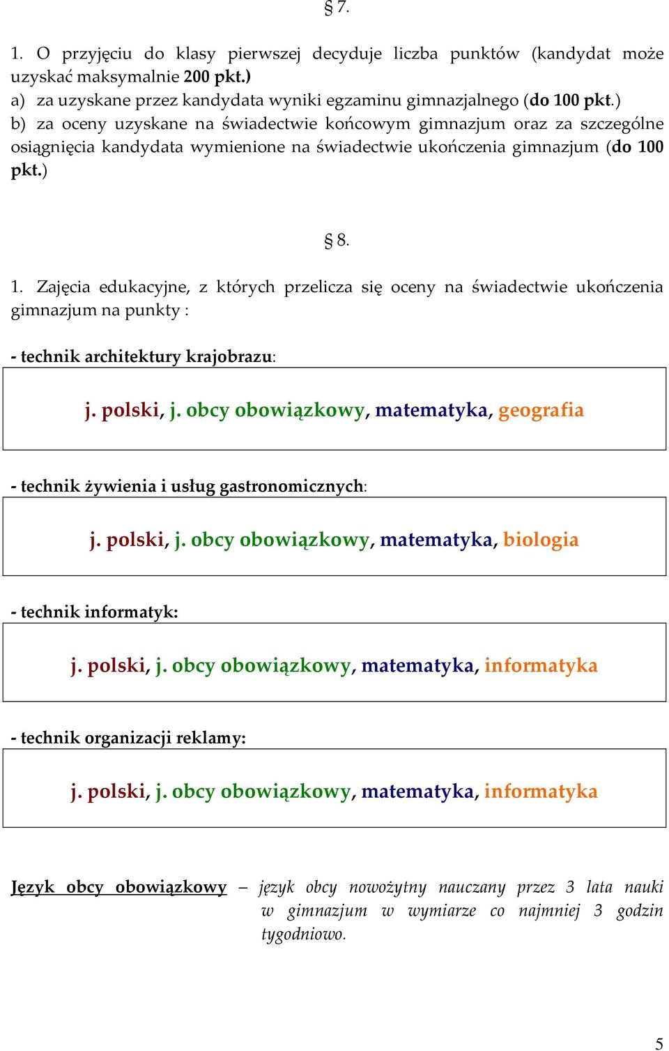 0 pkt.) 8. 1. Zajęcia edukacyjne, z których przelicza się oceny na świadectwie ukończenia gimnazjum na punkty : - technik architektury krajobrazu: j. polski, j.