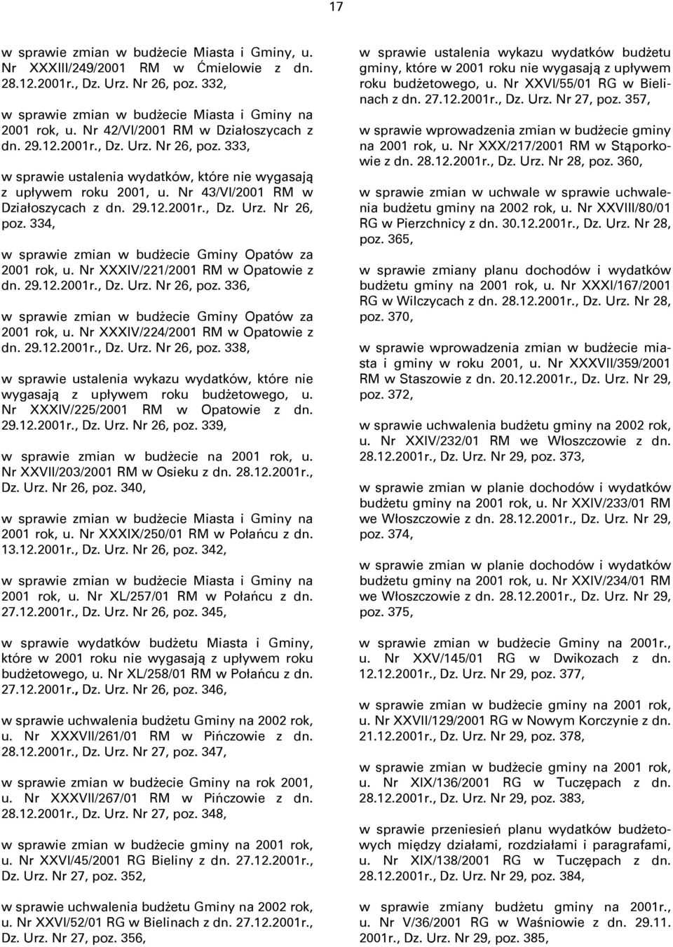 Nr XXXIV/221/2001 RM w Opatowie z dn. 29.12.2001r., Dz. Urz. Nr 26, poz. 336, w sprawie zmian w budżecie Gminy Opatów za 2001 rok, u. Nr XXXIV/224/2001 RM w Opatowie z dn. 29.12.2001r., Dz. Urz. Nr 26, poz. 338, w sprawie ustalenia wykazu wydatków, które nie wygasają z upływem roku budżetowego, u.