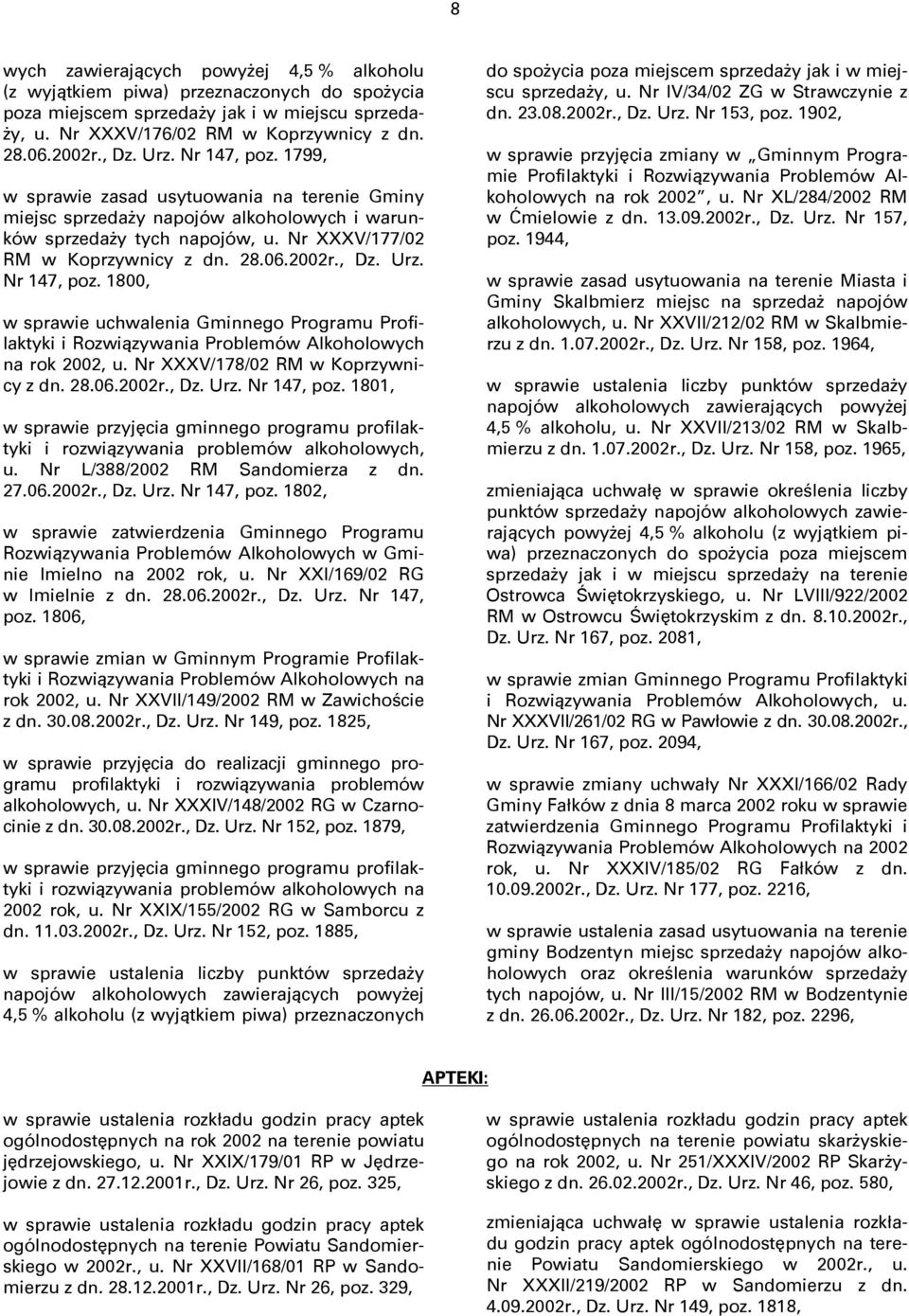 Urz. Nr 147, poz. 1800, w sprawie uchwalenia Gminnego Programu Profilaktyki i Rozwiązywania Problemów Alkoholowych na rok 2002, u. Nr XXXV/178/02 RM w Koprzywnicy z dn. 28.06.2002r., Dz. Urz.