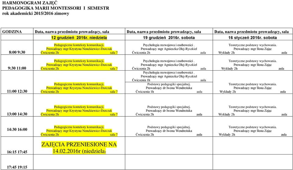 sobota sala 7 sala 7 sala 7 Ćwiczenia 1h