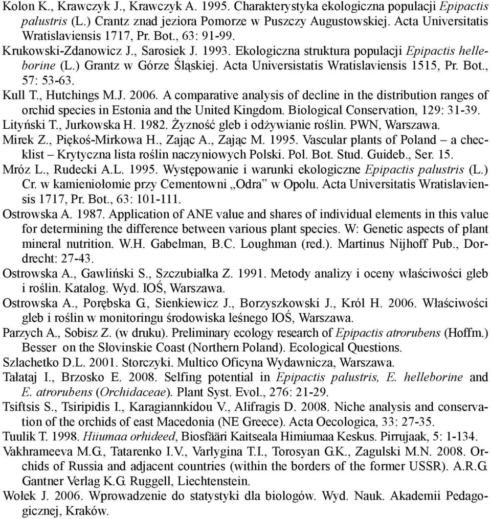 Acta Universistatis Wratislaviensis 1515, Pr. Bot., 57: 53-63. Kull T., Hutchings M.J. 2006.