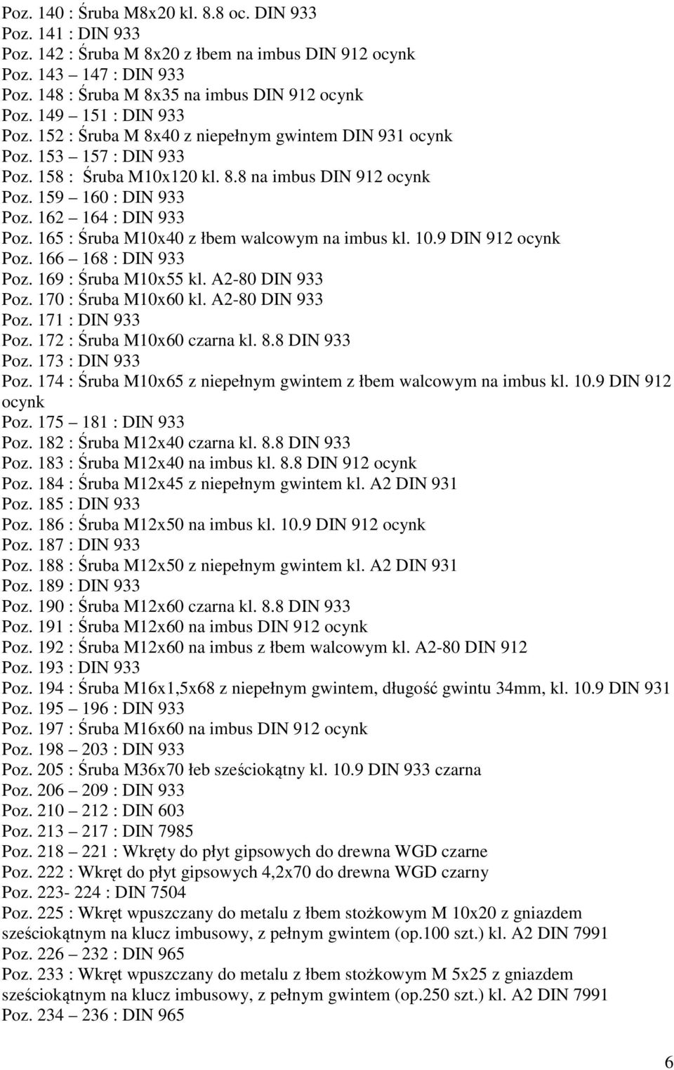 162 164 : DIN 933 Poz. 165 : Śruba M10x40 z łbem walcowym na imbus kl. 10.9 DIN 912 ocynk Poz. 166 168 : DIN 933 Poz. 169 : Śruba M10x55 kl. A2-80 DIN 933 Poz. 170 : Śruba M10x60 kl.