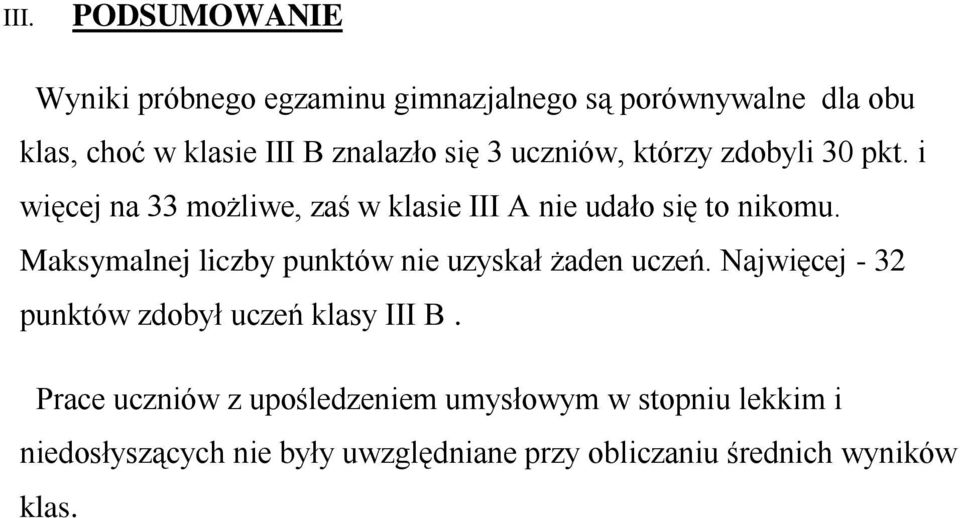 Maksymalnej liczby punktów nie uzyskał żaden uczeń. Najwięcej - 32 punktów zdobył uczeń klasy III B.