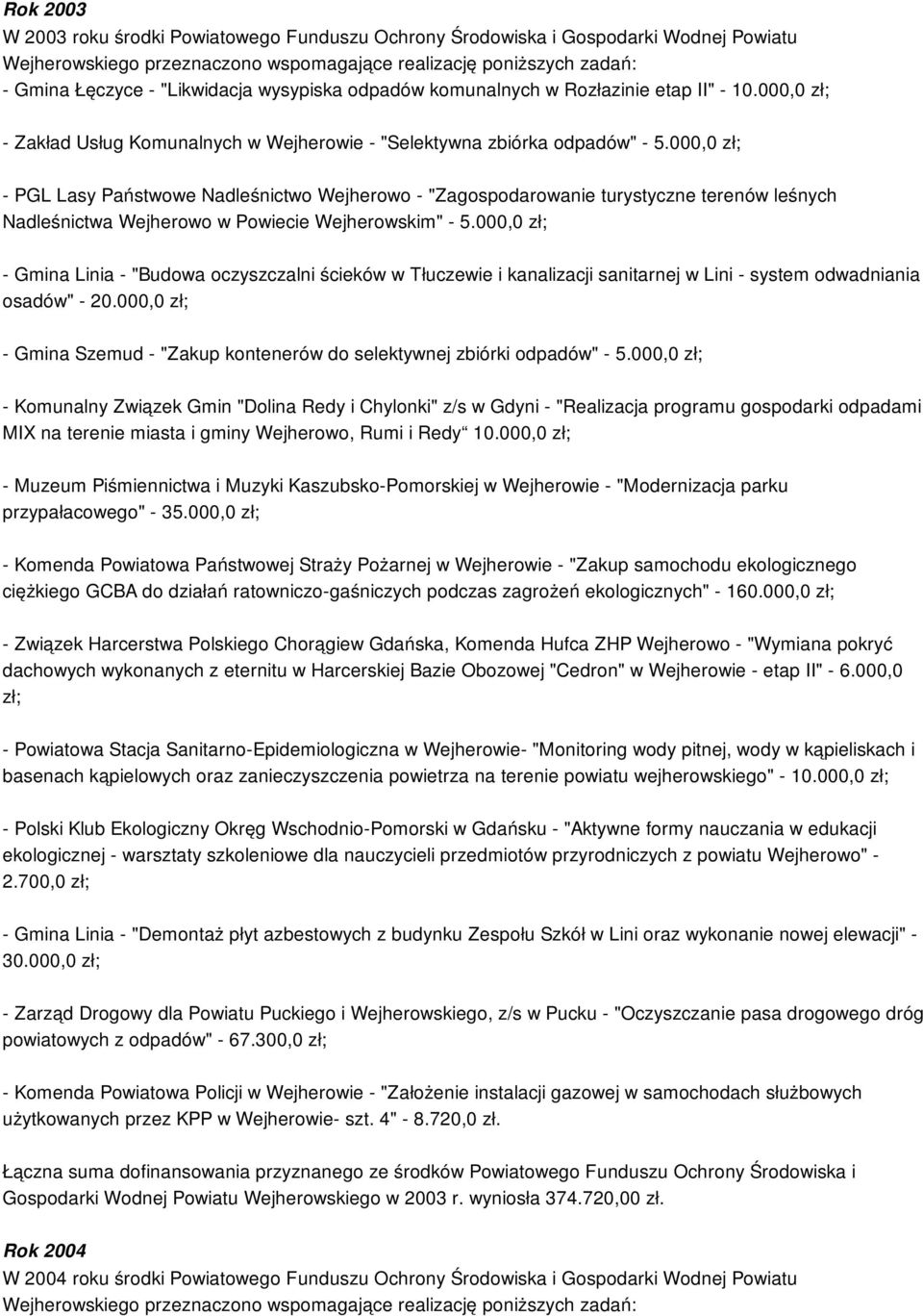 000,0 zł; - PGL Lasy Państwowe Nadleśnictwo Wejherowo - "Zagospodarowanie turystyczne terenów leśnych Nadleśnictwa Wejherowo w Powiecie Wejherowskim" - 5.