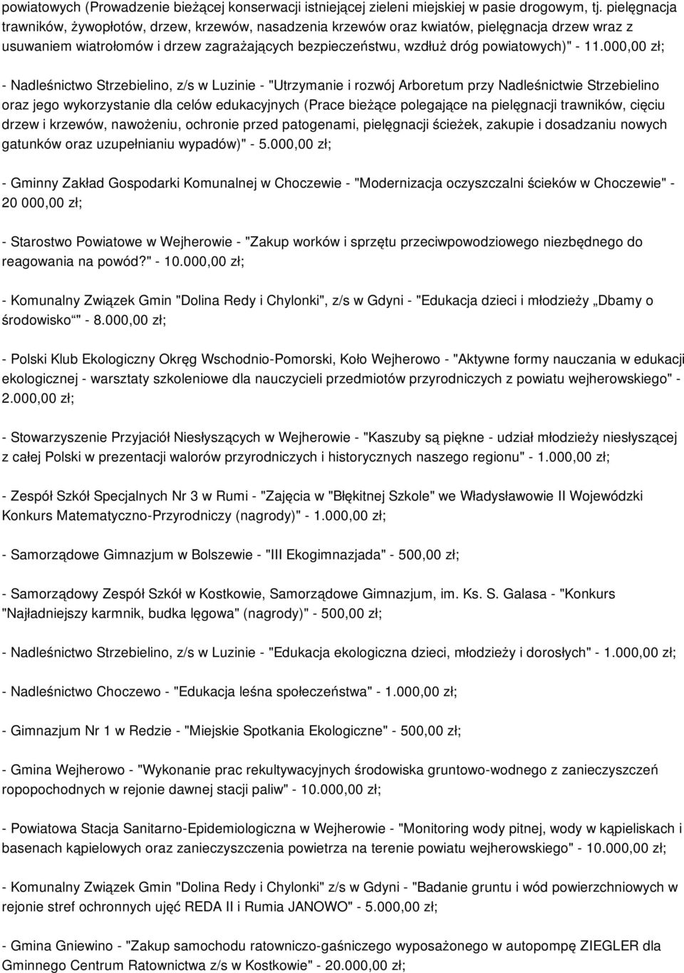 000,00 zł; - Nadleśnictwo Strzebielino, z/s w Luzinie - "Utrzymanie i rozwój Arboretum przy Nadleśnictwie Strzebielino oraz jego wykorzystanie dla celów edukacyjnych (Prace bieżące polegające na