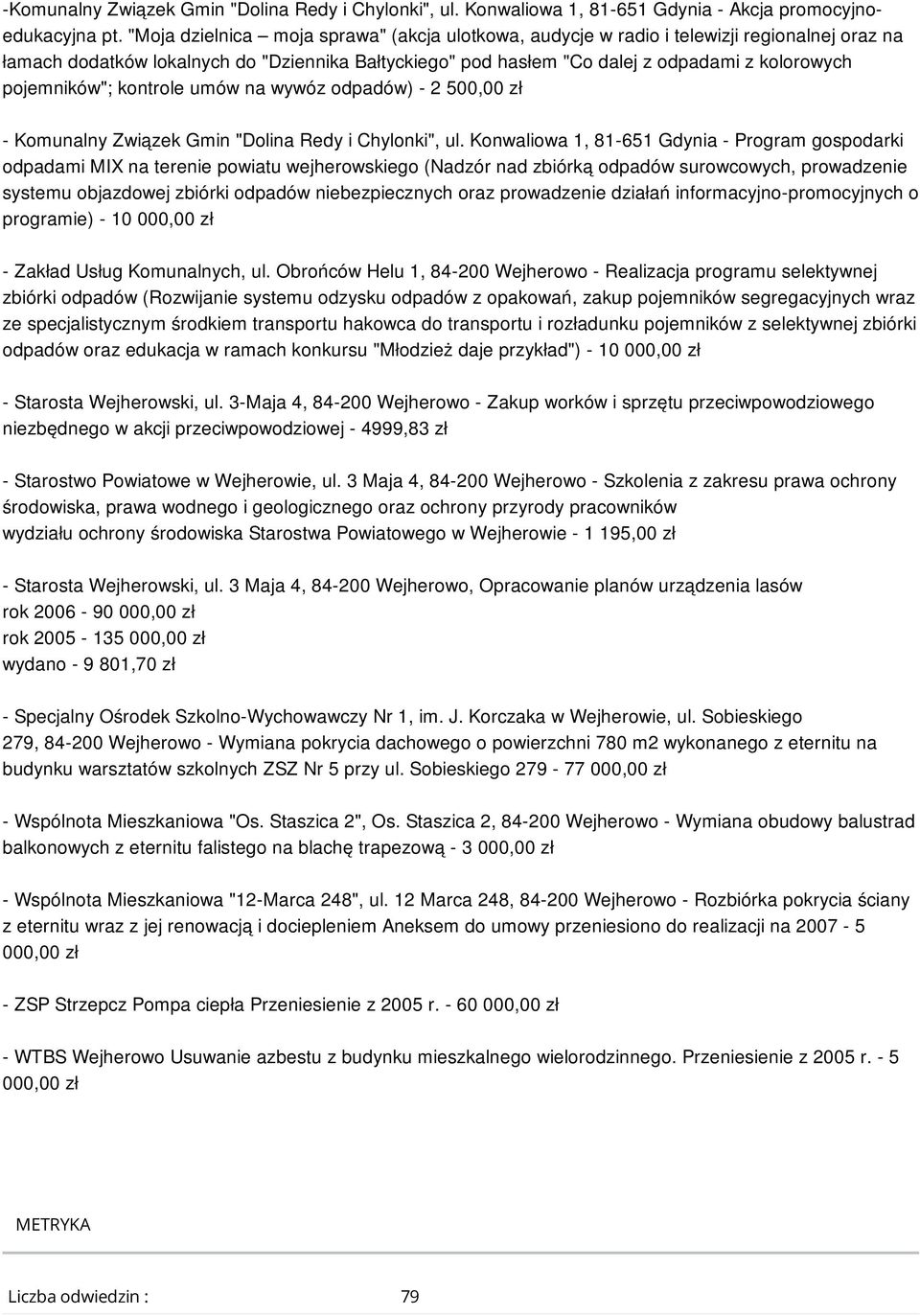 pojemników"; kontrole umów na wywóz odpadów) - 2 500,00 zł - Komunalny Związek Gmin "Dolina Redy i Chylonki", ul.