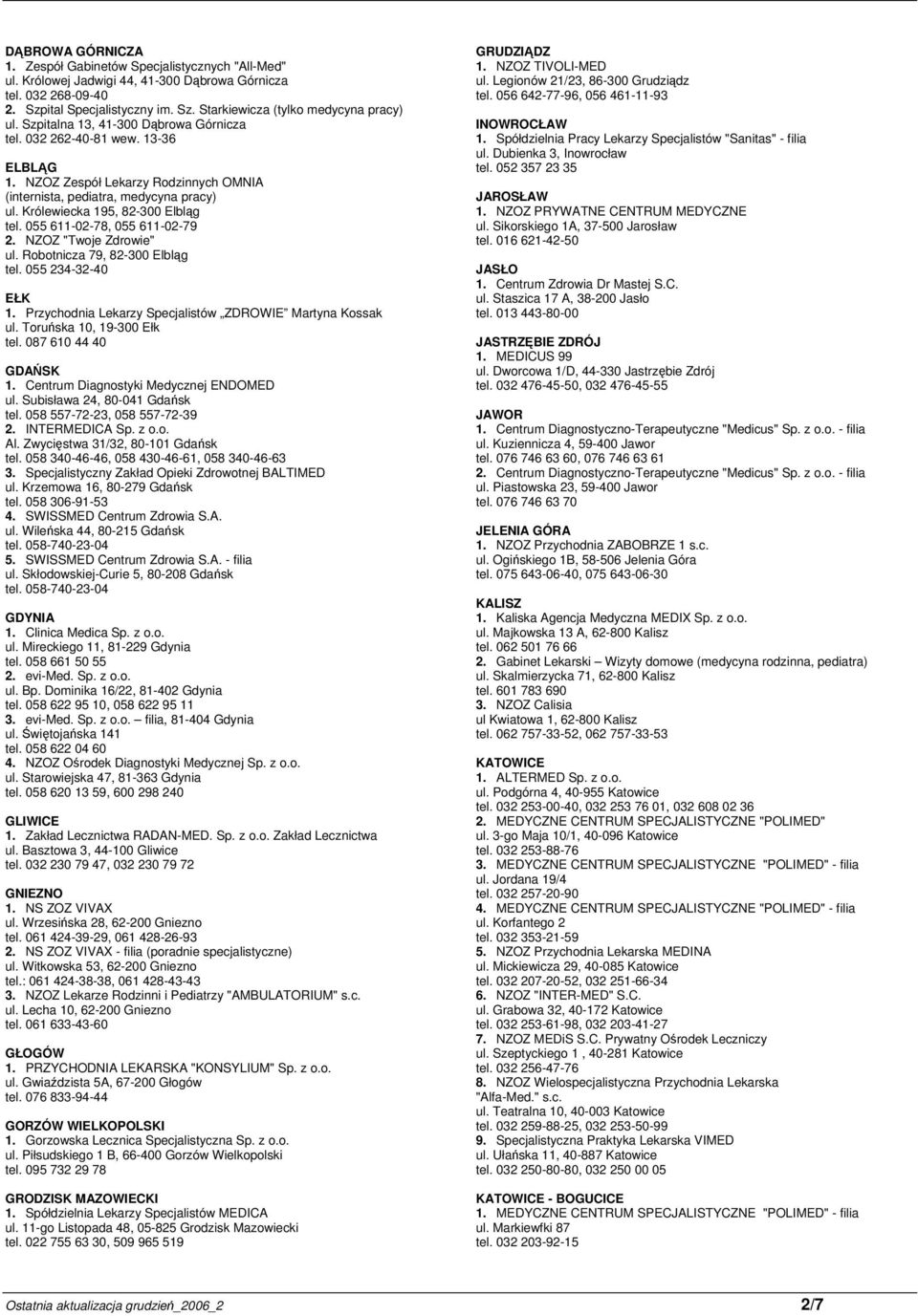 055 611-02-78, 055 611-02-79 2. NZOZ "Twoje Zdrowie" ul. Robotnicza 79, 82-300 Elbląg tel. 055 234-32-40 EŁK 1. Przychodnia Lekarzy Specjalistów ZDROWIE Martyna Kossak ul. Toruńska 10, 19-300 Ełk tel.