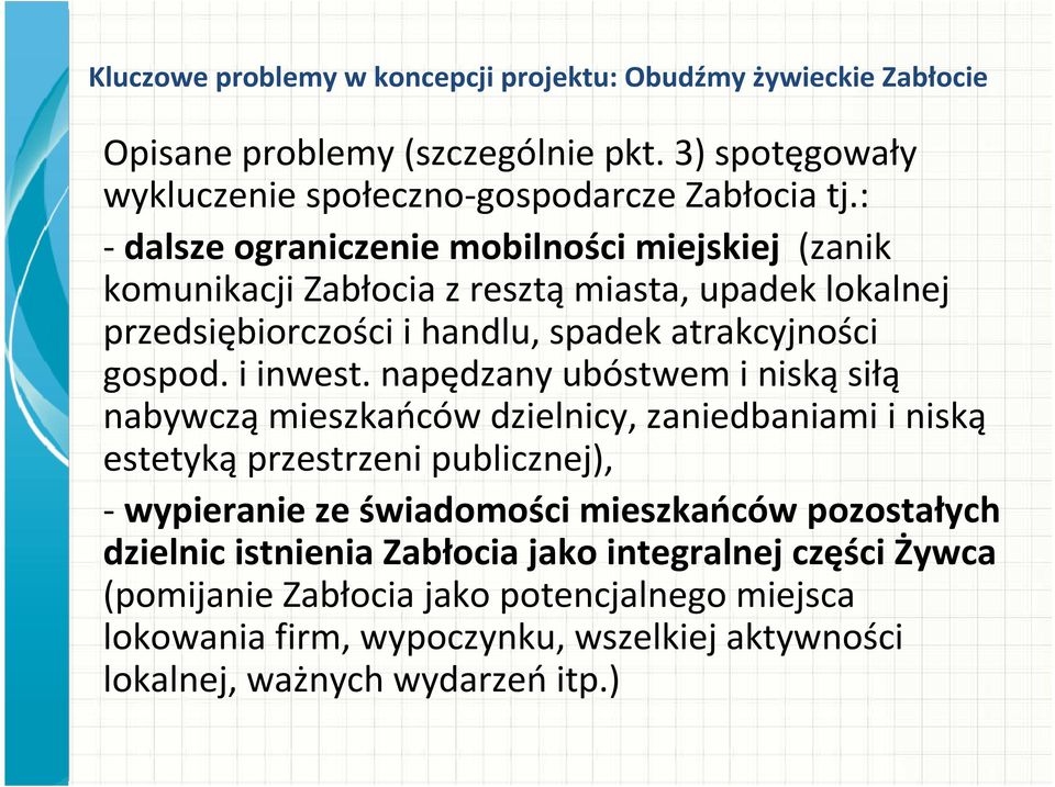 napędzany ubóstwem i niską siłą nabywczą mieszkańców dzielnicy, zaniedbaniami i niską estetyką przestrzeni publicznej), -wypieranie ze świadomości mieszkańców pozostałych