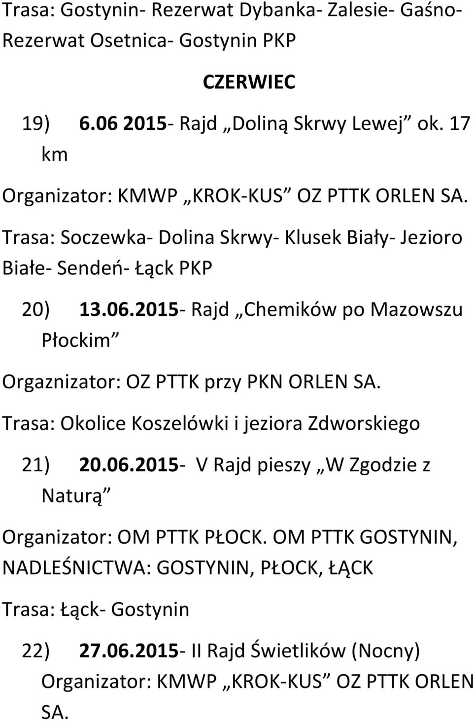 2015- Rajd Chemików po Mazowszu Płockim Orgaznizator: OZ PTTK przy PKN Trasa: Okolice Koszelówki i jeziora Zdworskiego 21) 20.06.