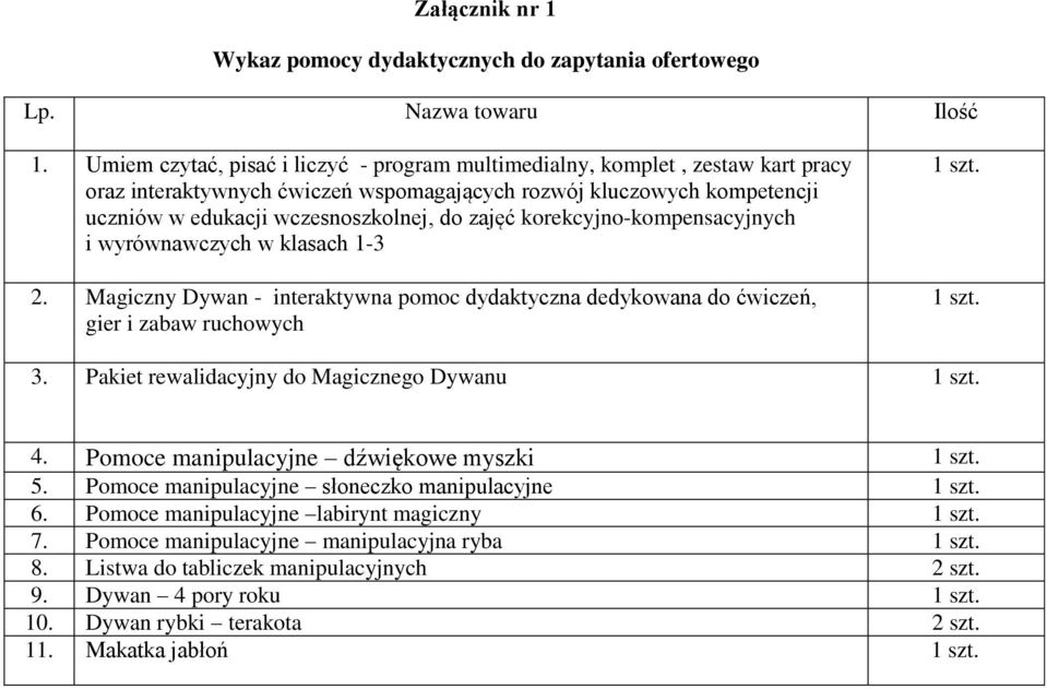 korekcyjno-kompensacyjnych i wyrównawczych w klasach 1-3 2. Magiczny Dywan - interaktywna pomoc dydaktyczna dedykowana do ćwiczeń, gier i zabaw ruchowych 1 szt. 1 szt. 3.