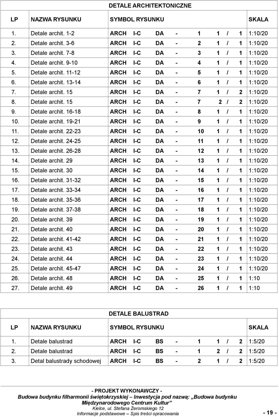 Detale archit. 15 ARCH I-C DA - 7 2 / 2 1:10/20 9. Detale archit. 16-18 ARCH I-C DA - 8 1 / 1 1:10/20 10. Detale archit. 19-21 ARCH I-C DA - 9 1 / 1 1:10/20 11. Detale archit. 22-23 ARCH I-C DA - 10 1 / 1 1:10/20 12.