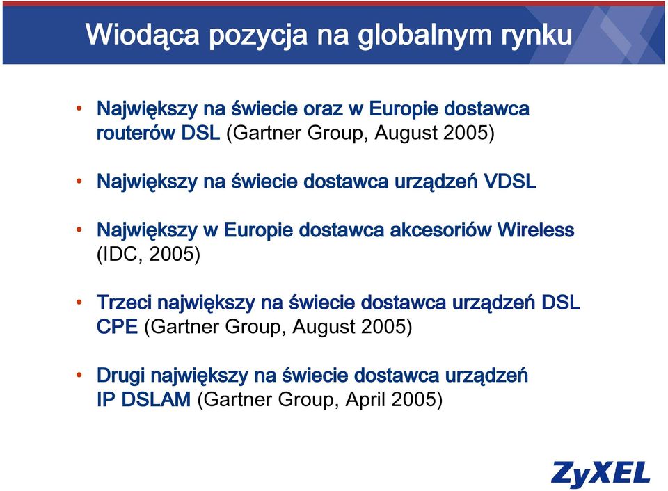 dostawca akcesoriów Wireless (IDC, 2005) Trzeci największy na świecie dostawca urządze dzeń DSL CPE