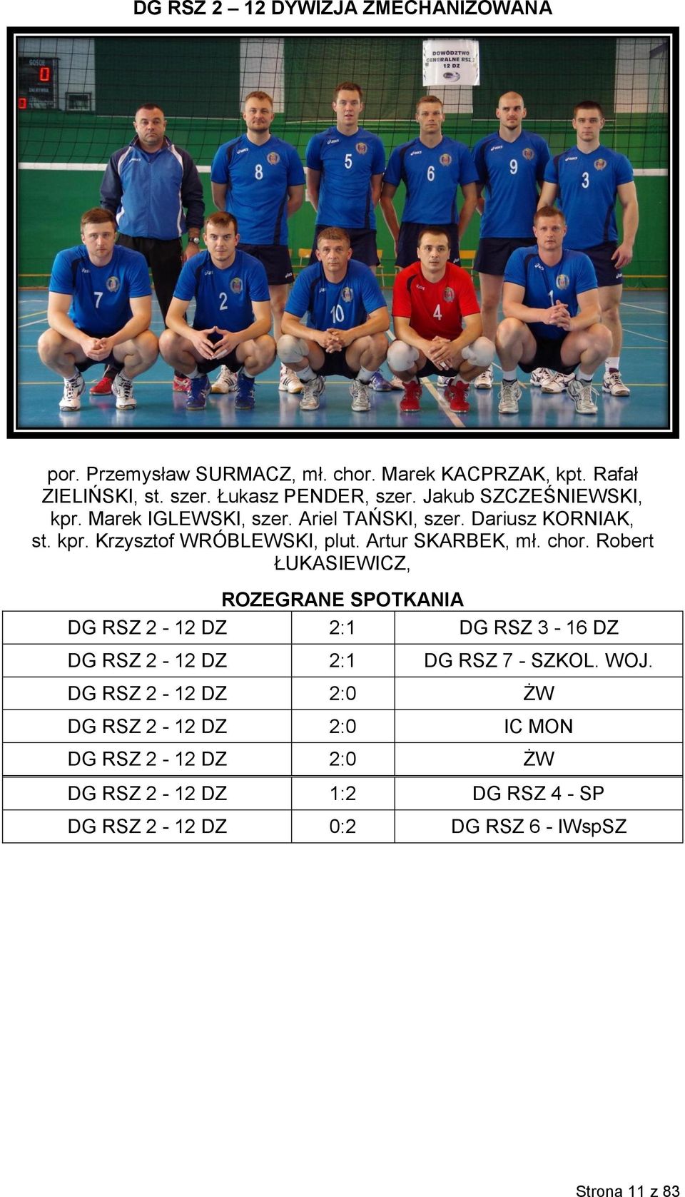 Artur SKARBEK, mł. chor. Robert ŁUKASIEWICZ, ROZEGRANE SPOTKANIA DG RSZ 2-12 DZ 2:1 DG RSZ 3-16 DZ DG RSZ 2-12 DZ 2:1 DG RSZ 7 - SZKOL.