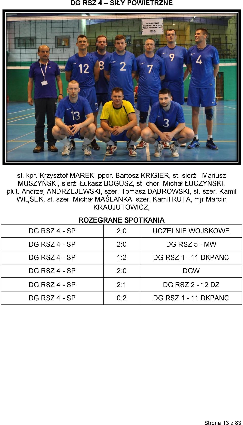 Kamil RUTA, mjr Marcin KRAUJUTOWICZ, ROZEGRANE SPOTKANIA DG RSZ 4 - SP 2:0 UCZELNIE WOJSKOWE DG RSZ 4 - SP 2:0 DG RSZ 5 - MW DG RSZ