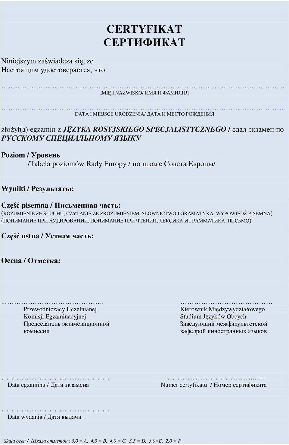 Уровень /Tabela poziomów Rady Europy / по шкале Совета Европы/ Wyniki / Результаты: Сzęść pisemna / Письменная часть: (ROZUMIENIE ZE SŁUCHU, CZYTANIE ZE ZROZUMIENIEM, SŁOWNICTWO I GRAMATYKA,