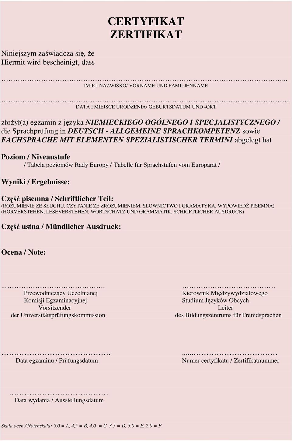 ALLGEMEINE SPRACHKOMPETENZ sowie FACHSPRACHE MIT ELEMENTEN SPEZIALISTISCHER TERMINI abgelegt hat Poziom / Niveaustufe / Tabela poziomów Rady Europy / Tabelle für Sprachstufen vom Europarat / Wyniki /