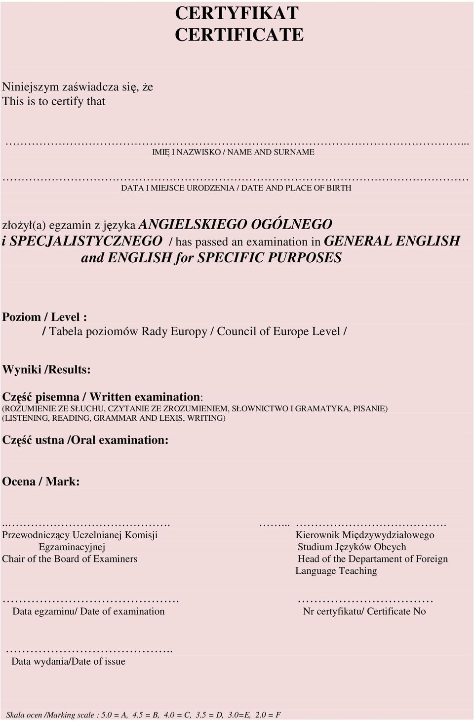 ENGLISH and ENGLISH for SPECIFIC PURPOSES Poziom / Level : / Tabela poziomów Rady Europy / Council of Europe Level / Wyniki /Results: Część pisemna / Written examination: (ROZUMIENIE ZE SŁUCHU,