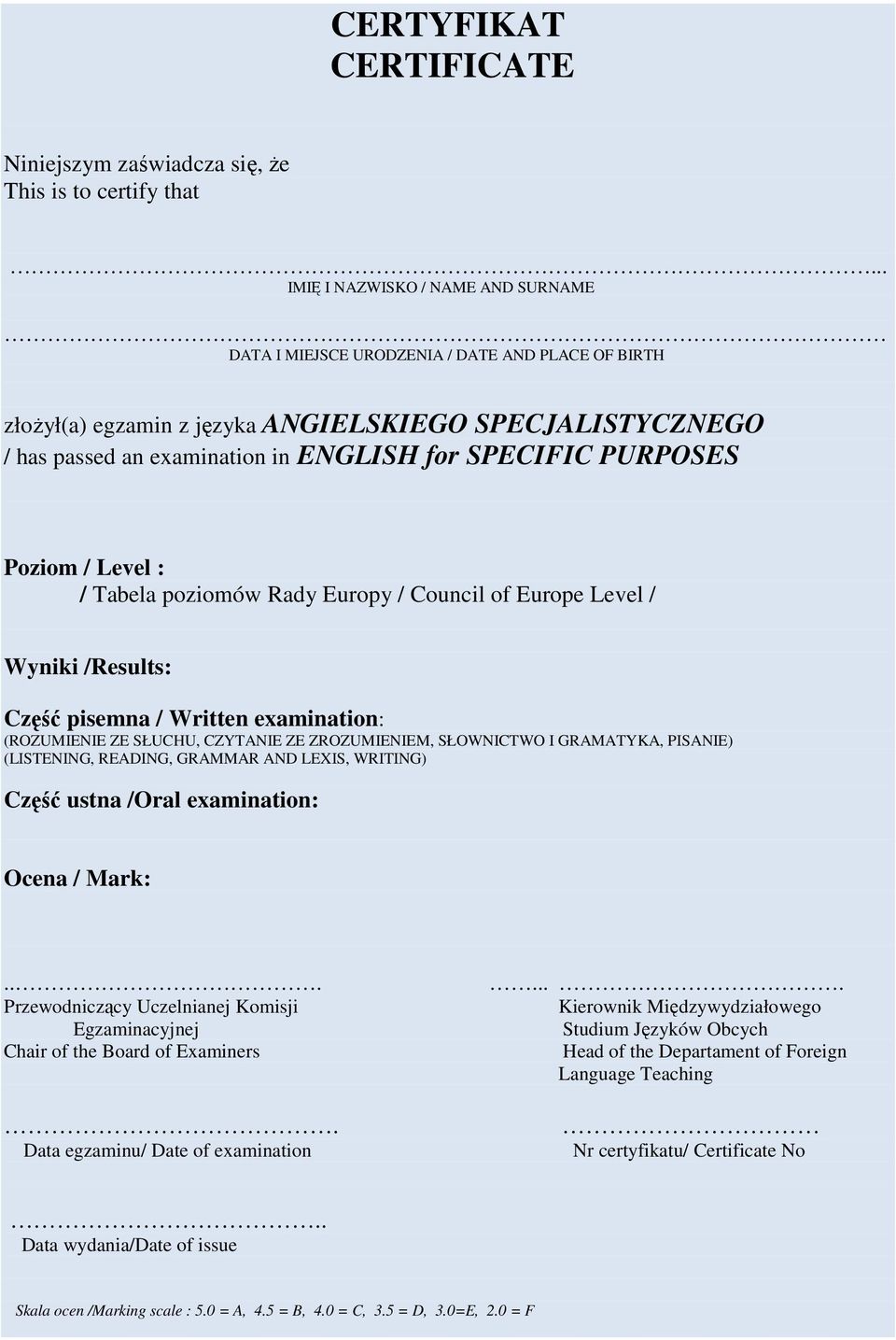 PURPOSES Poziom / Level : / Tabela poziomów Rady Europy / Council of Europe Level / Wyniki /Results: Część pisemna / Written examination: (ROZUMIENIE ZE SŁUCHU, CZYTANIE ZE ZROZUMIENIEM, SŁOWNICTWO I