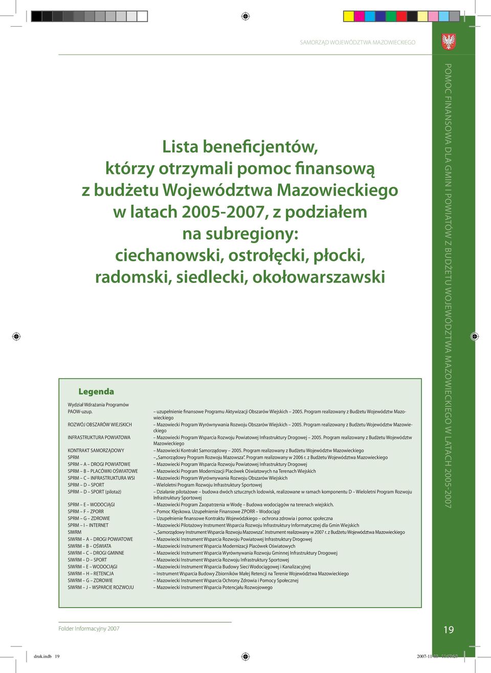 ROZWÓJ OBSZARÓW WIEJSKICH INFRASTRUKTURA POWIATOWA KONTRAKT SAMORZĄDOWY SPRM SPRM A DROGI POWIATOWE SPRM C INFRASTRUKTURA WSI (pilotaż) SPRM F ZPORR SPRM G ZDROWIE SPRM I INTERNET SIWRM SIWRM A DROGI