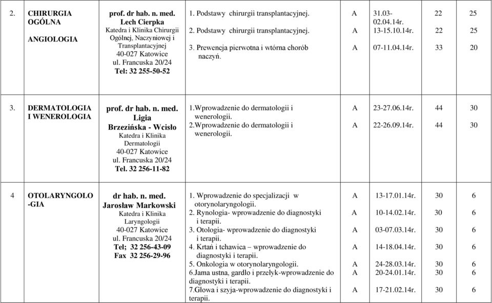 DERMTOLOGI I WENEROLOGI Ligia Brzezińska - Wcisło Dermatologii 40-02 Katowice ul. Francuska /24 Tel. 32-11-82 1.Wprowadzenie do dermatologii i wenerologii. 2.