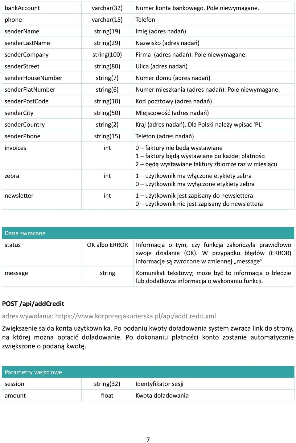 senderstreet string(80) Ulica (adres nadań) senderhousenumber string(7) Numer domu (adres nadań) senderflatnumber string(6) Numer mieszkania (adres nadań). Pole niewymagane.