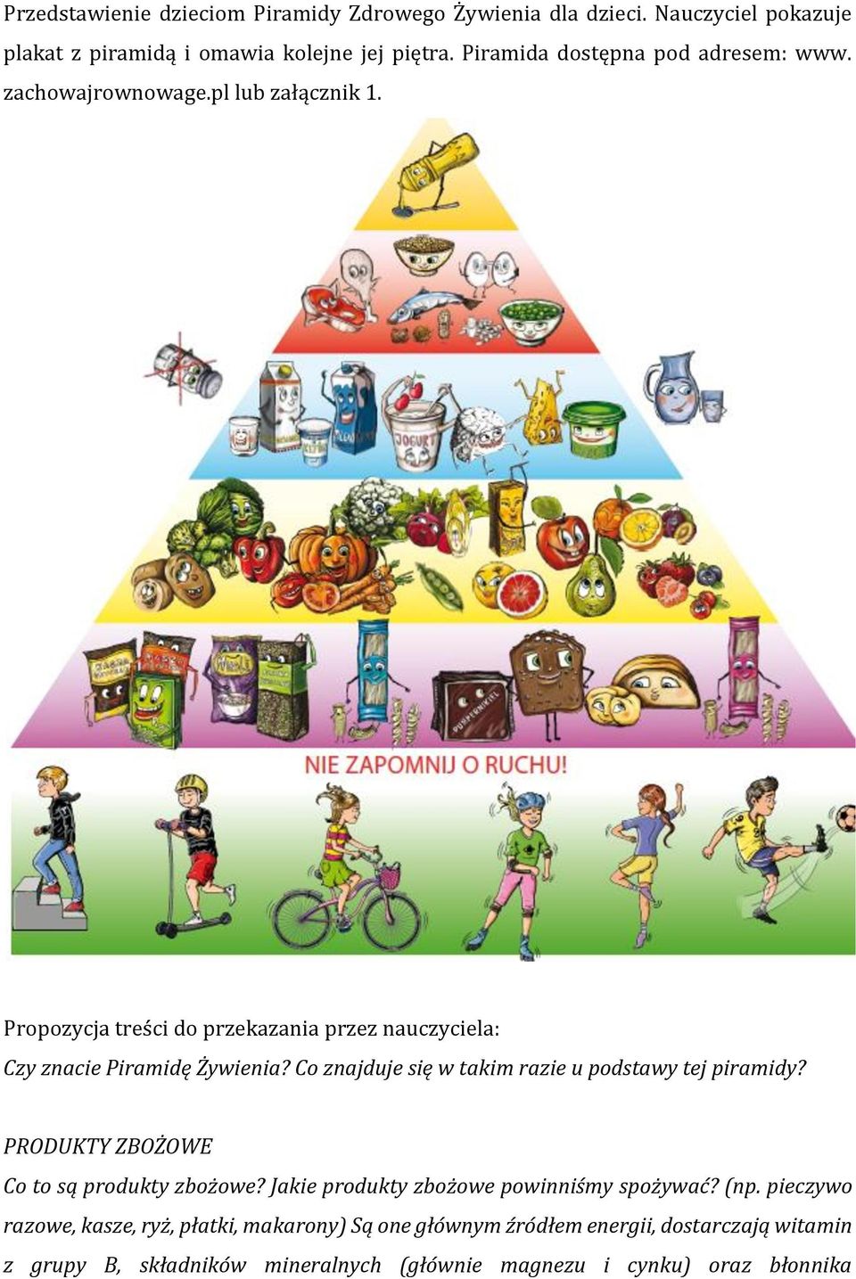Propozycja treści do przekazania przez nauczyciela: Czy znacie Piramidę Żywienia? Co znajduje się w takim razie u podstawy tej piramidy?