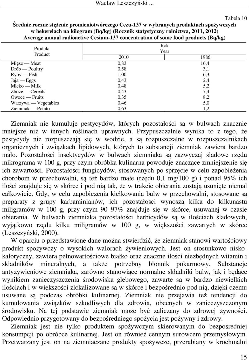 5,2 Zboże Cereals 0,43 7,4 Owoce Fruits 0,35 8,2 Warzywa Vegetables 0,46 5,0 Ziemniak Potato 0,63 1,2 Ziemniak nie kumuluje pestycydów, których pozostałości są w bulwach znacznie mniejsze niż w